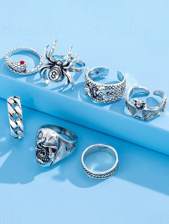 7 Pièces Ensemble de Bagues Phalanges Motif Serpent Crâne et Araignée Style Gothique - Argent 