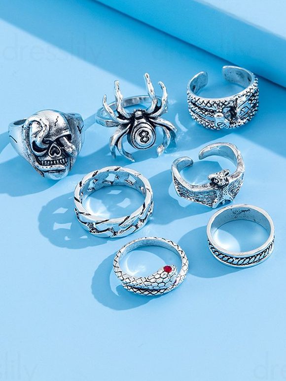 7 Pièces Ensemble de Bagues Phalanges Motif Serpent Crâne et Araignée Style Gothique - Argent 
