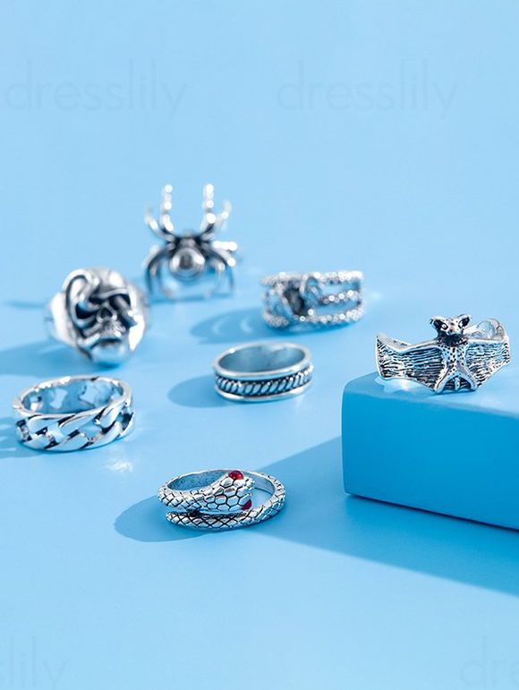 7 Pièces Ensemble de Bagues Phalanges Motif Serpent Crâne et Araignée Style Gothique - Argent 