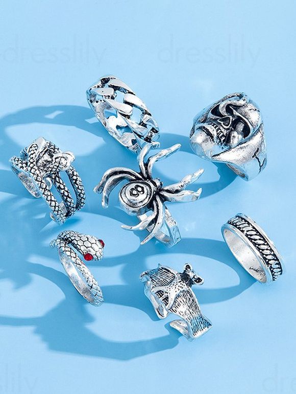 7 Pièces Ensemble de Bagues Phalanges Motif Serpent Crâne et Araignée Style Gothique - Argent 