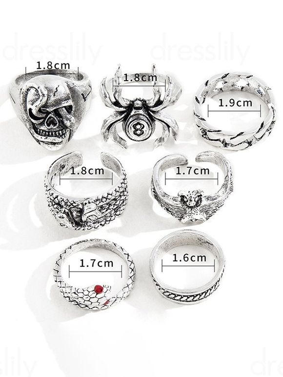 7 Pièces Ensemble de Bagues Phalanges Motif Serpent Crâne et Araignée Style Gothique - Argent 