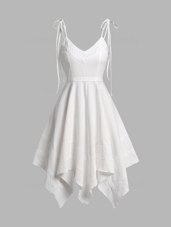Handkerchief Hem Tied Shoulder Dress Plain Color Sphighetti Strap Casual A Line Dress - WHITE L