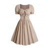 Mini Robe Vintage Nouée en Couleur Unie à Manches Bouffantes à Volants - café lumière L