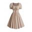 Mini Robe Vintage Nouée en Couleur Unie à Manches Bouffantes à Volants - café lumière L