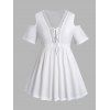 T-shirt Long Simple Panneau en Dentelle en Couleur Unie à Lacets Grande Taille - Blanc 5X