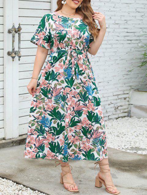 Plus Size Allover Tropical Print Belted Dress Leaves and Floral Print Round Neck Vacation Dress