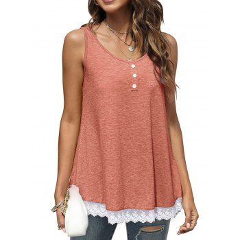 

Mesh Hem Panel Heathered Tank Top Mock Button Scoop Neck Casual Tank Top, Orange