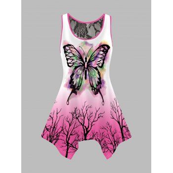 

Butterfly and Forest Print Asymmetrical Tank Top Contrast Piping Casual Top, Light pink