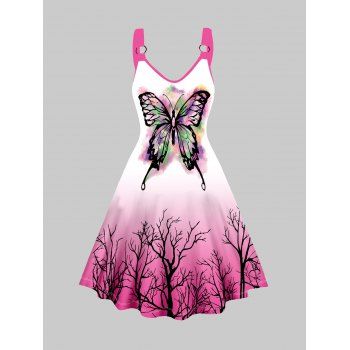 

Butterfly and Tree Print A Line Dress O Ring Sleeveless Casual Dress, Light pink