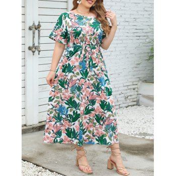 

Plus Size Allover Tropical Print Belted Dress Leaves and Floral Print Round Neck Vacation Dress, Green