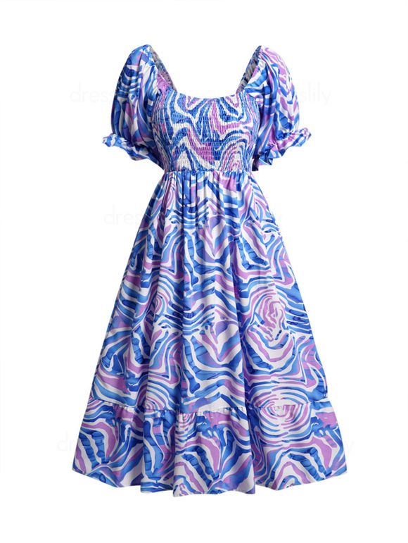 Off The Shoulder Vacation Dress Allover Print Shirred Puff Sleeve Flounce High Waist Midi Dress - BLUE L