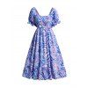 Robe Mi-Longue de Vacances Plissée Epaule Dénudée à Manches Bouffantes à Taille Haute à Volants - Bleu S