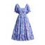 Robe Mi-Longue de Vacances Plissée Epaule Dénudée à Manches Bouffantes à Taille Haute à Volants - Bleu S