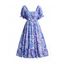 Off The Shoulder Vacation Dress Allover Print Shirred Puff Sleeve Flounce High Waist Midi Dress - BLUE L