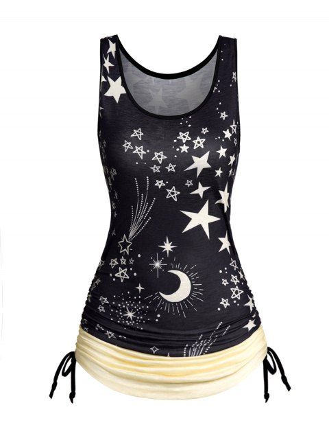 Moon Star Allover Print Colorblock Tank Top Cinched Scoop Neck Casual Tank Top