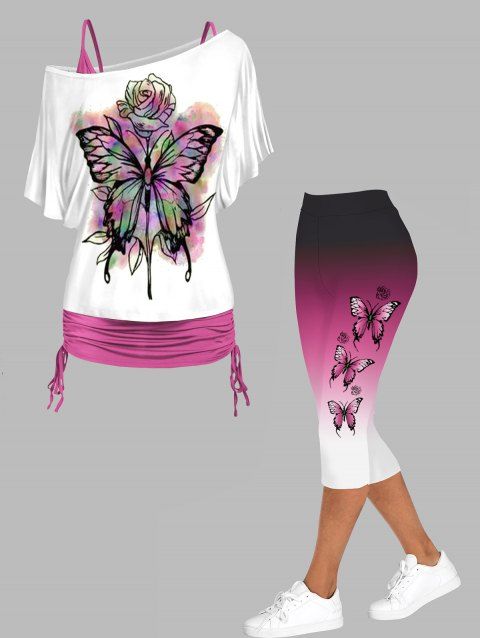 Flower Psychedelic Butterfly Print Cinched Ruched Spaghetti Strap Tops and Ombre Capri Leggings Casual Outfit
