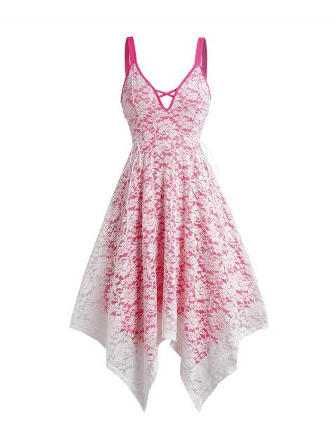 Lace Overlay Handkerchief Dress Colorblock Lace Up Crisscross Casual Midi Dress