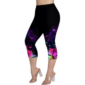 

Plus Size Butterfly Print Capri Leggings Elastic Waist Skinny Casual Leggings, Black