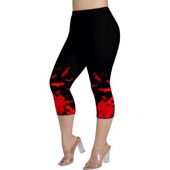 

Plus Size Bat Print Capri Leggings Colorblock Elastic Waist Skinny Casual Leggings, Red