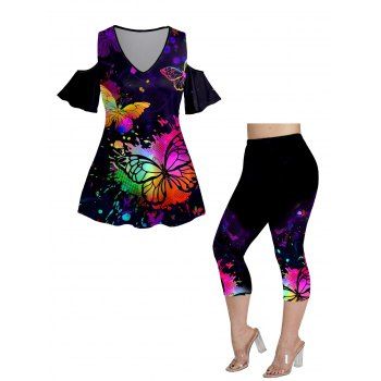 

Plus Size & Curve Butterfly Print Cold Shoulder V Neck Casual T Shirt and Capri Legging Casual Outfit, Black