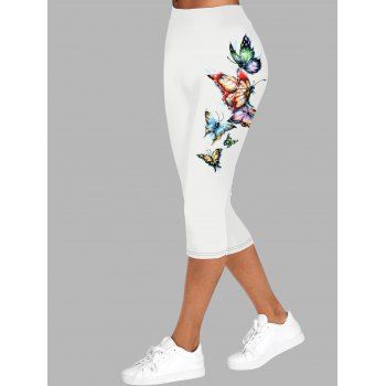 

Butterfly Print Capri Leggings Elastic Waist Casual Cropped Leggings, White