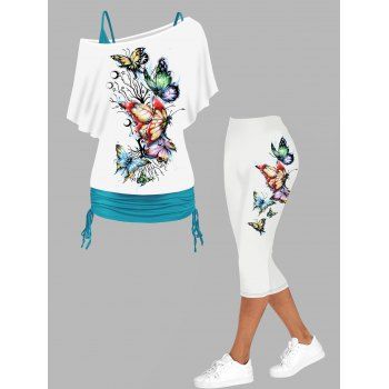 

Butterfly Tree Moon Print Skew Neck Plain Cinched Long Tops and Capri Leggings Casual Outfit, Multicolor