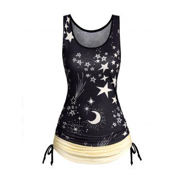 

Moon Star Allover Print Colorblock Tank Top Cinched Scoop Neck Casual Tank Top, Black