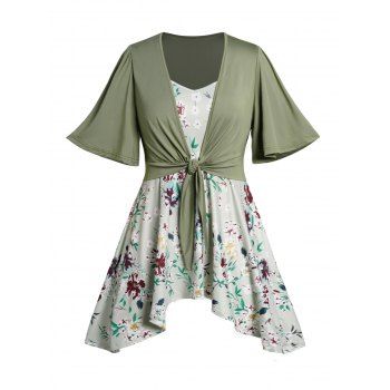 

Plus Size Top Set Allover Flower Print Asymmetrical Hem Tank Top And Plain Tied Cropped T Shirt Set, Light green