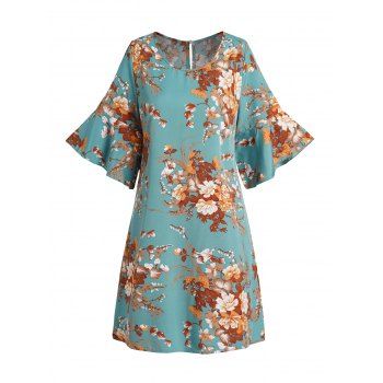 

Flower Allover Print Vintage Ruffle Dress Half Sleeve Casual Mini Dress, Green