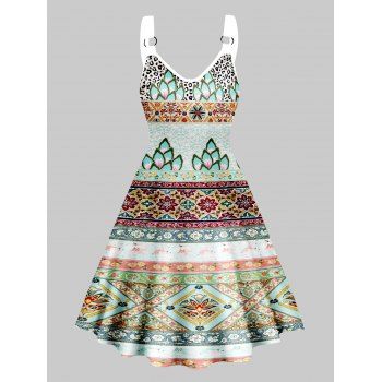 

Tribal Flower Allover Print Dress V Neck O Ring A Line Dress, Light green