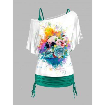 

Skull and Rose Print Skew Neck T Shirt and Plain Color Cinched Ruched Tank Top Casual Set, Light green