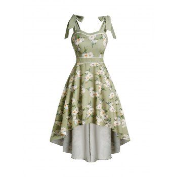 

Daisy Print Tie Knot Shoulder High Low Dress Contrast Piping High Waist Vacation Dress, Light green