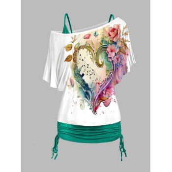 

Music Note and Flower Print Skew Neck T Shirt and Cinched Ruched Tank Top Casual Set, Light green