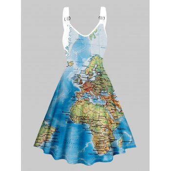 

World Map Allover Print A Line Dress O Ring V Neck Casual Dress, Blue