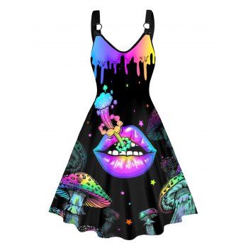 

Psychedelic Lip Mushroom Print A Line Dress V Neck O Ring Punk Dress, Black