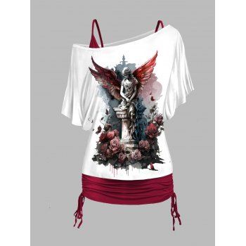 

Rose and Statue Print Skew Neck T Shirt and Cinched Ruched Tank Top Casual Set, Deep red