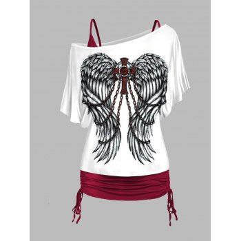 

Cross Chian Wing Print Skew Collar T-shirt And Cinched V Neck Camisole Two Piece Set, Deep red