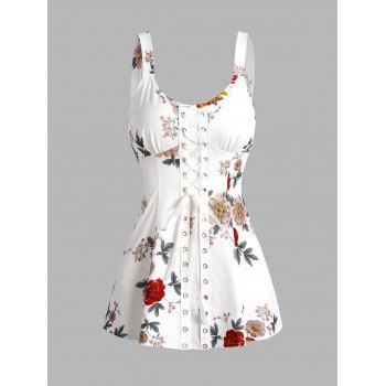 

Lace Up Corset Style Tank Top Flower Allover Print Grommet Casual Top, White