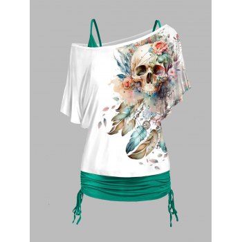 

Skull Flower and Feather Print Skew Neck T Shirt and Cinched Ruched Tank Top Casual Set, Light green