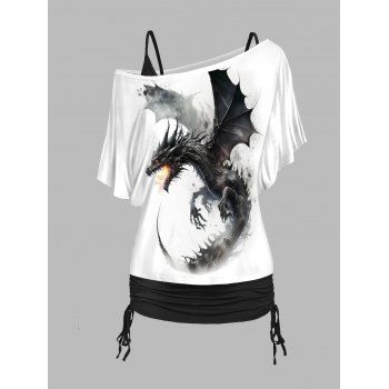 

Dragon Print Skew Collar T-shirt And Cinched V Neck Spaghetti Strap Camisole Two Piece Set, Black