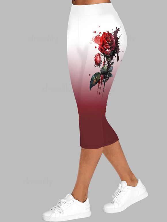 Ombre Rose Flower Print Capri Leggings Elastic Waist Skinny Cropped Leggings - DEEP RED XXL
