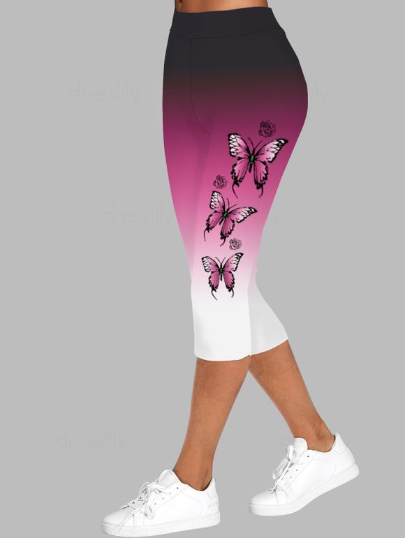 Legging Capri Moulant Ombré à Imprimé Papillon et Fleur à Taille Elastique - Rose clair XL