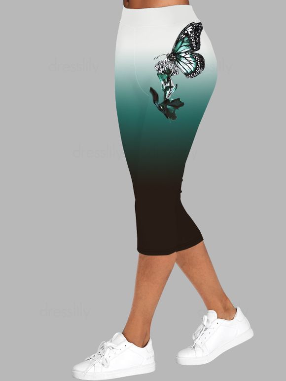 3D Butterfly Print Ombre Capri Leggings Elastic Waist Casual Cropped Leggings - DEEP GREEN XXL