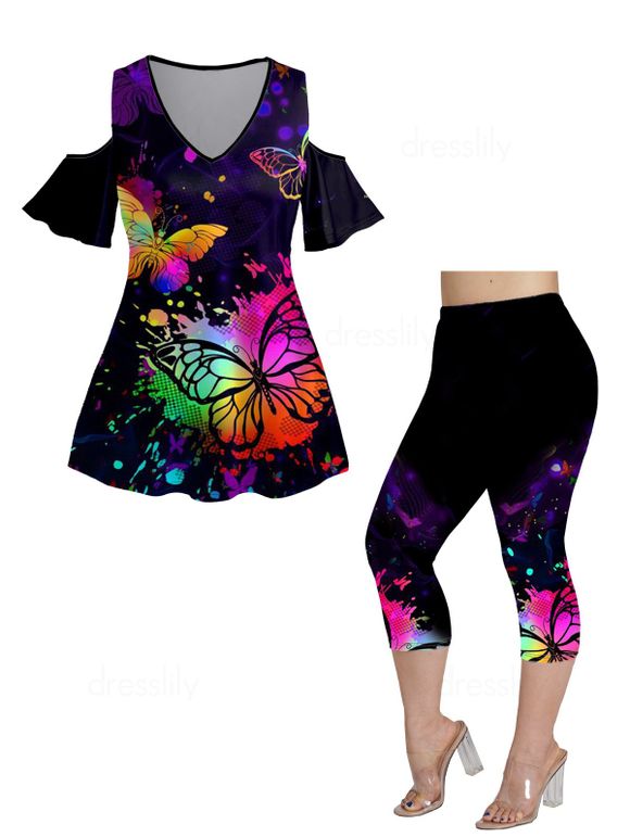 Plus Size & Curve Butterfly Print Cold Shoulder V Neck Casual T Shirt and Capri Legging Casual Outfit - BLACK L