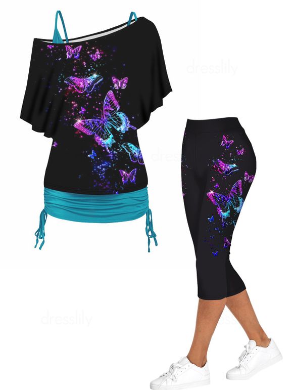Ensemble de Legging Capri et Tops Longs Décontractés à Imprimé Papillon  à Col Oblique - multicolor S