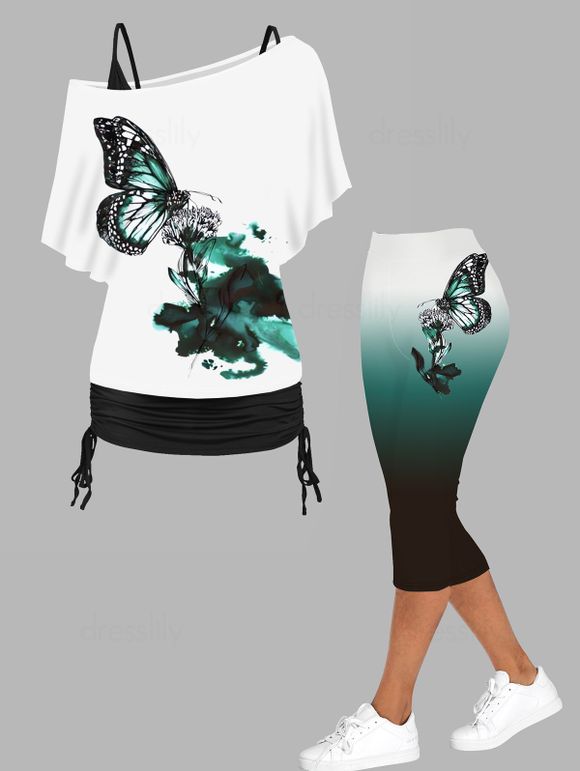 Ensemble de Legging Capri Décontracté et Tops Longs à Imprimé Fleur et Papillon à Col Oblique Peinture à l'Encre - multicolor S