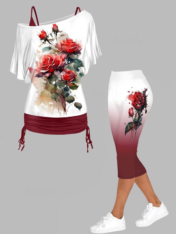 Ensemble de Tops Décontractés à Imprimé Fleur à Bretelle Fine à Col Oblique et Legging Capri Ombré - multicolor S