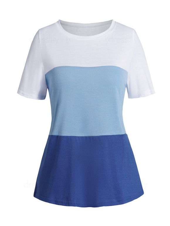 T-shirt Décontracté en Blocs de Couleurs Manches Courtes à Col Rond - Bleu L