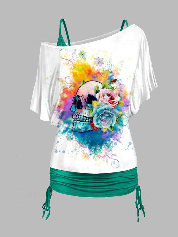 Ensemble Décontracté de Débardeur Plissé en Couleur Unie et T-shirt à Imprimé Rose et Crâne à Col Oblique - Vert clair S