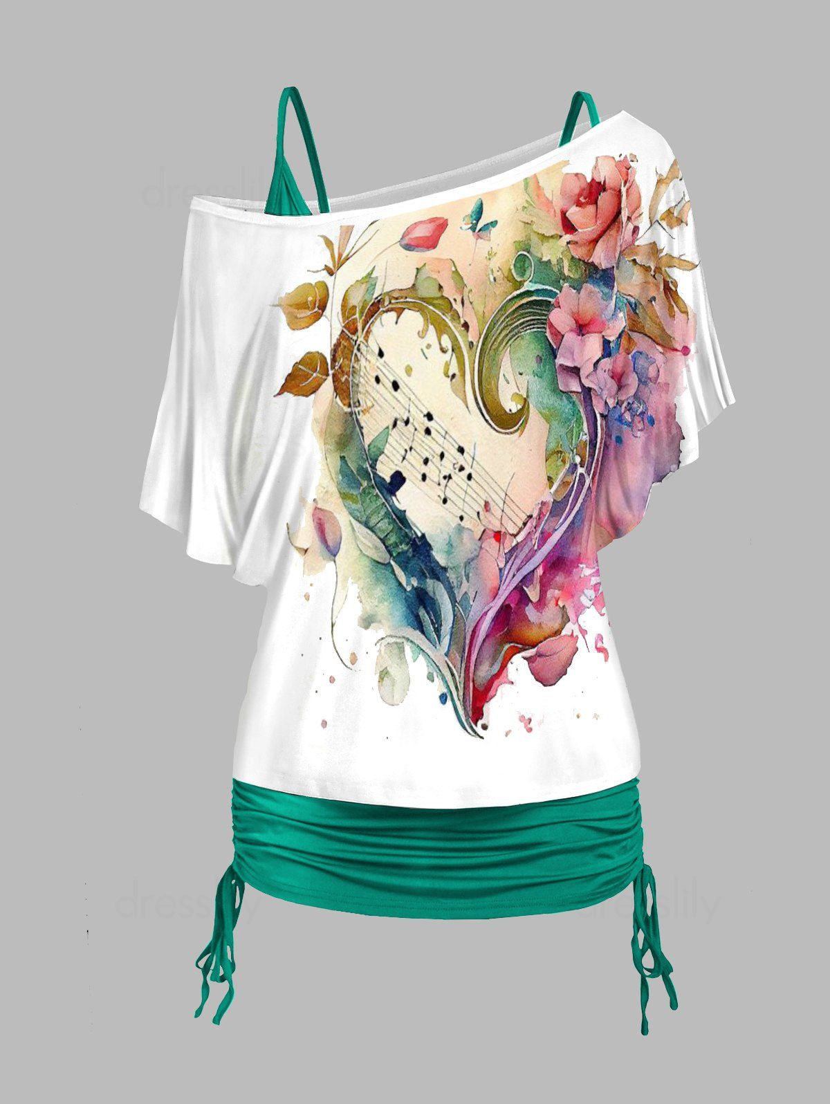 Dresslily Music Note and Flower Print Skew Neck T Shirt and Cinched Ruched Tank Top Casual Set